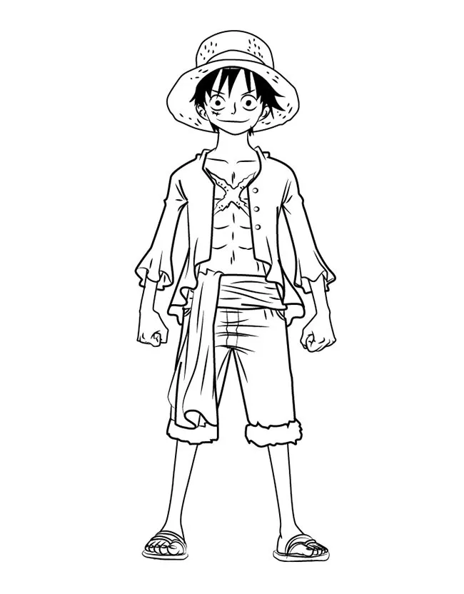 Desenho de contorno em preto e branco do Monkey D. Luffy em pé, de corpo inteiro, usando chapéu de palha, colete aberto e bermuda.