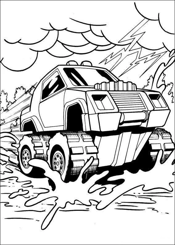 Desenho de contorno de um Monster Truck com pneus de esteira atravessando uma poça de lama, com raios e nuvens de tempestade ao fundo.
