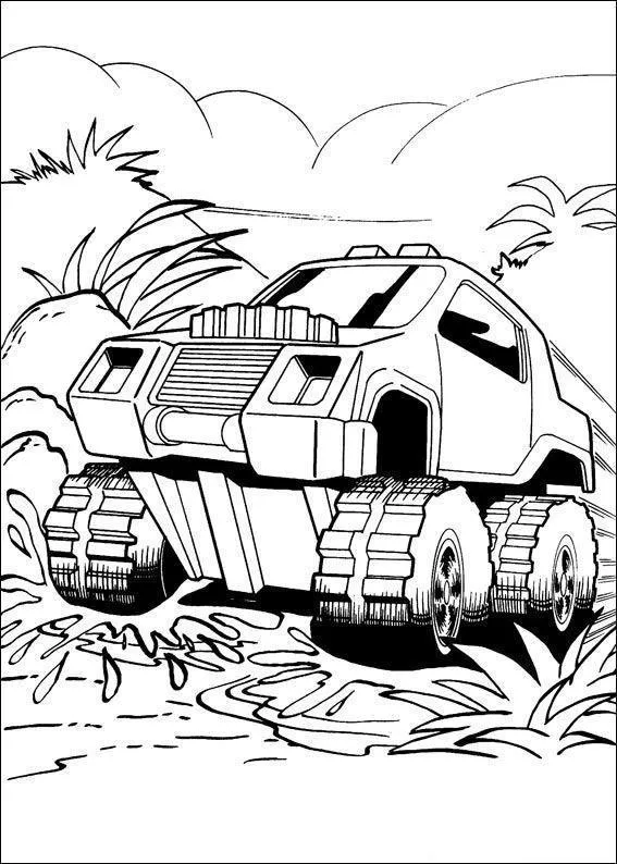 Desenho de contorno de um Monster Truck com pneus de esteira atravessando lama na selva, com palmeiras e folhagens tropicais ao redor.