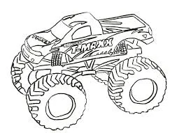 Desenho de contorno de um Monster Truck modelo T-Maxx com pneus grandes e tratorados, suspensão alta e logotipos na lataria.