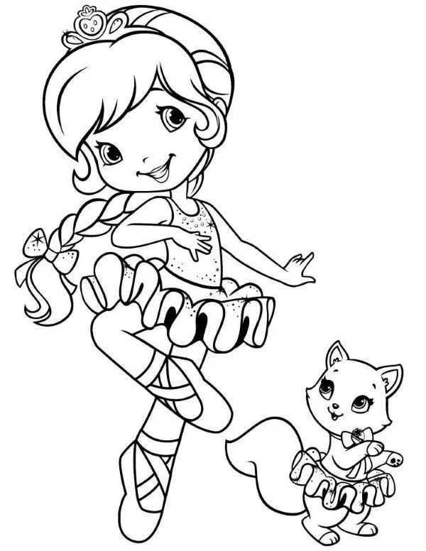 Desenho de contorno da personagem Moranguinho vestida de bailarina com tiara de morango, acompanhada por uma gatinha também de tutu.