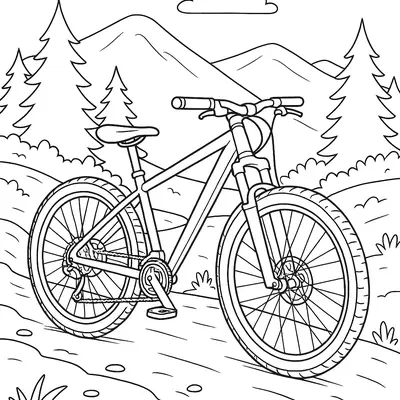 Desenho de contorno de uma mountain bike em uma trilha de terra, com pinheiros, montanhas e nuvens ao fundo sob um céu ensolarado.