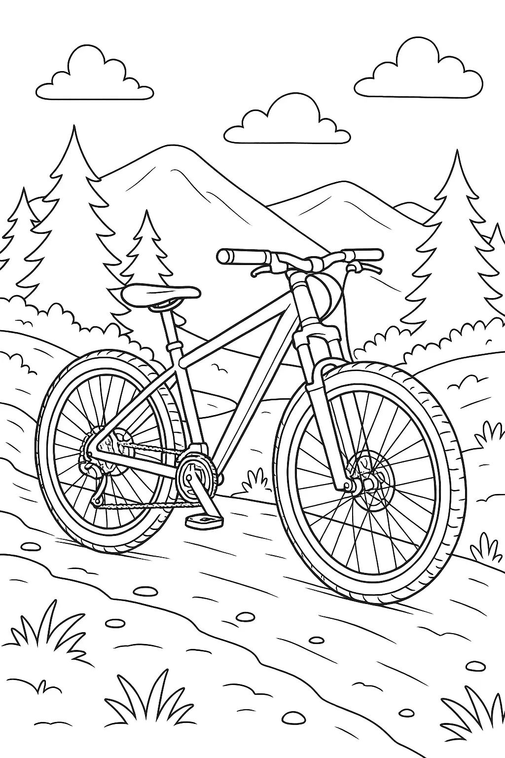 Desenho de contorno de uma mountain bike em uma trilha de terra, com pinheiros, montanhas e nuvens ao fundo sob um céu ensolarado.