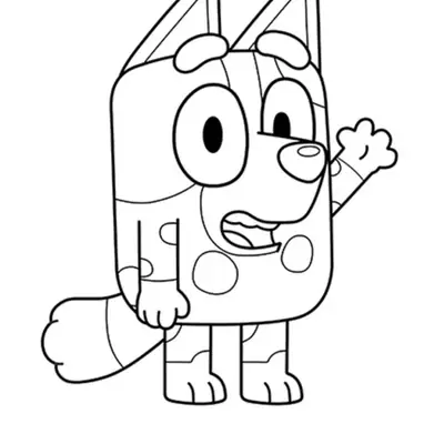Desenho de contorno da personagem Muffin Heeler acenando com a pata esquerda, com o nome 