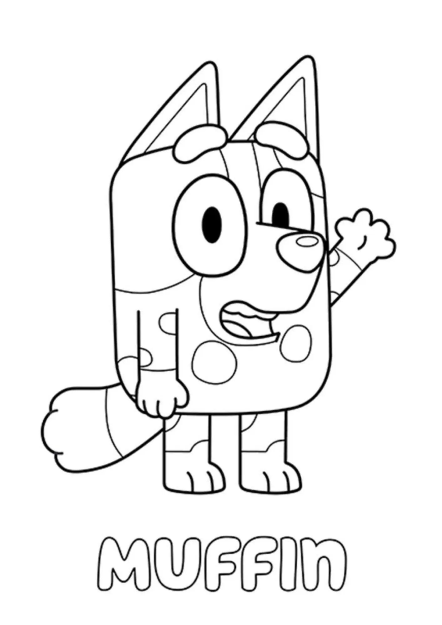 Desenho de contorno da personagem Muffin Heeler acenando com a pata esquerda, com o nome "MUFFIN" escrito abaixo em letras arredondadas.