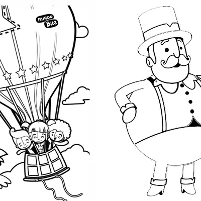 Desenho de contorno dividido em duas partes: à esquerda, um balão com estrela e as crianças do Mundo Bita voando; à direita, o personagem Bita em pé.