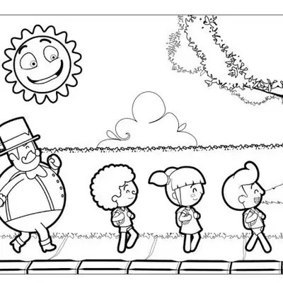 Desenho de contorno do personagem Bita caminhando seguido por Dan, Lila e Tito, todos com mochilas, sob um sol sorridente e ao lado de uma árvore.