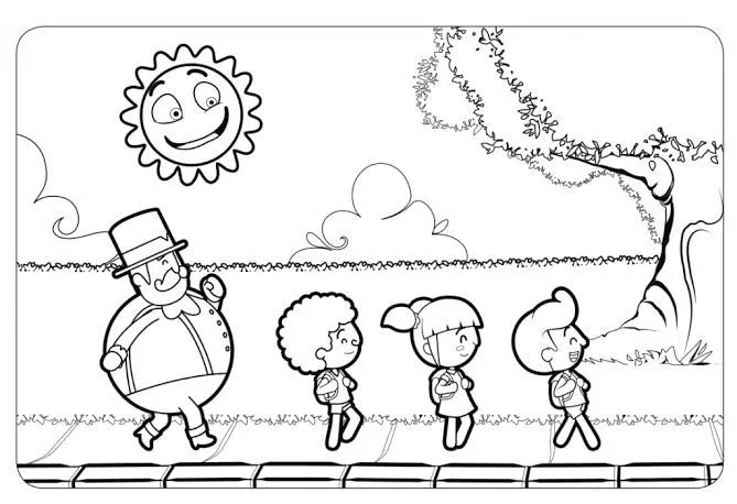 Desenho de contorno do personagem Bita caminhando seguido por Dan, Lila e Tito, todos com mochilas, sob um sol sorridente e ao lado de uma árvore.