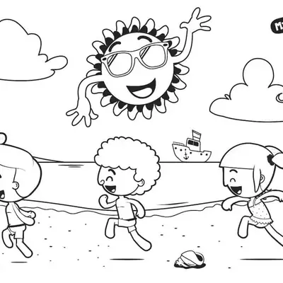 Desenho de contorno das crianças Tito, Dan e Lila correndo na praia, com o Sr. Sol usando óculos escuros no céu e um navio no mar ao fundo.