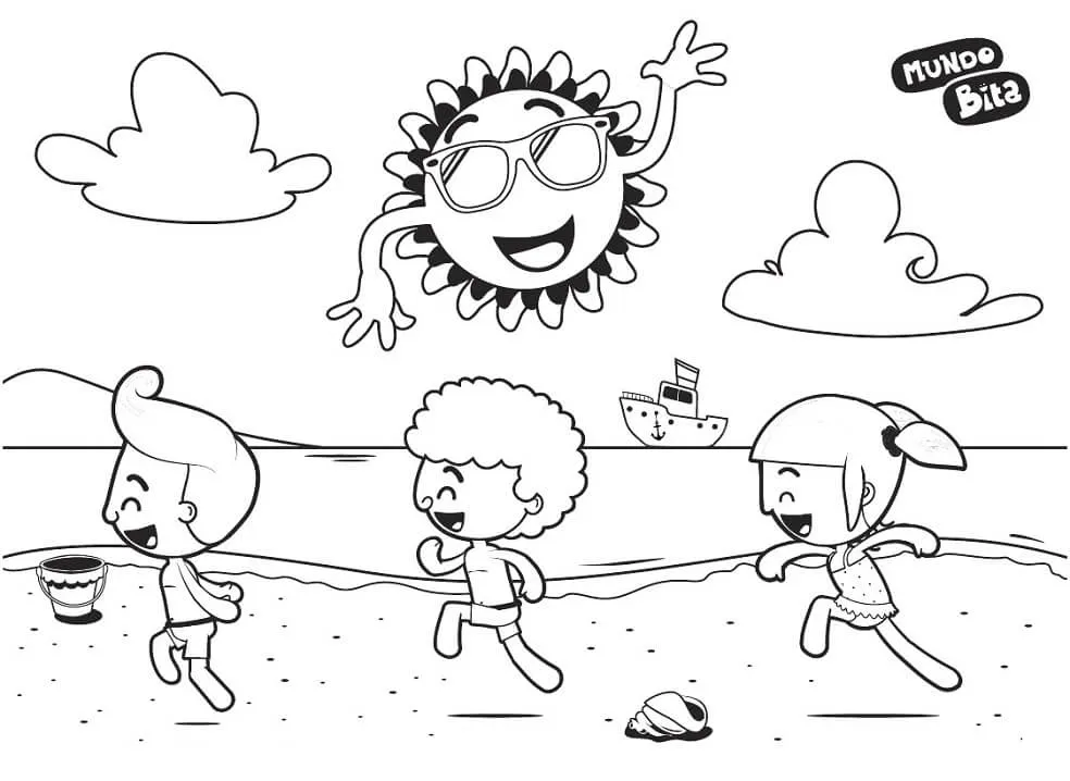 Desenho de contorno das crianças Tito, Dan e Lila correndo na praia, com o Sr. Sol usando óculos escuros no céu e um navio no mar ao fundo.