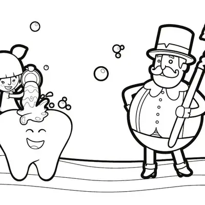 Desenho de contorno do personagem Bita segurando uma escova de dentes grande e Lila derramando água sobre um dente animado e sorridente, cercados por bolhas.