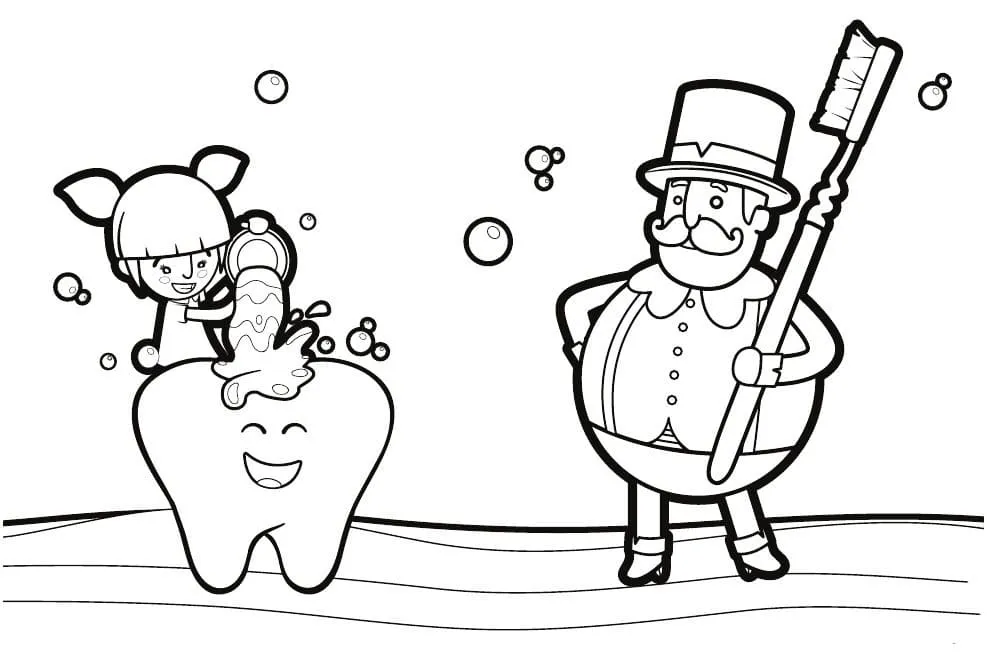 Desenho de contorno do personagem Bita segurando uma escova de dentes grande e Lila derramando água sobre um dente animado e sorridente, cercados por bolhas.