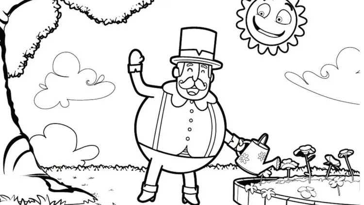 Desenho de contorno do personagem Bita usando cartola, acenando e segurando um regador para molhar flores em um canteiro, com o Sr. Sol e uma árvore ao fundo.