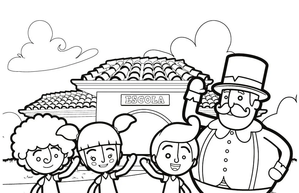 Desenho de contorno do personagem Bita acenando ao lado de Tito, Lila e Dan em frente a um prédio com a placa "ESCOLA" e nuvens ao fundo.