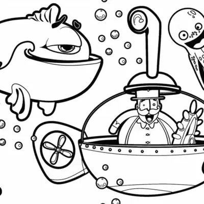 Desenho de contorno do personagem Bita dentro de um submarino com periscópio, ao lado de uma baleia grande, um polvo alegre e uma estrela-do-mar com bolhas.