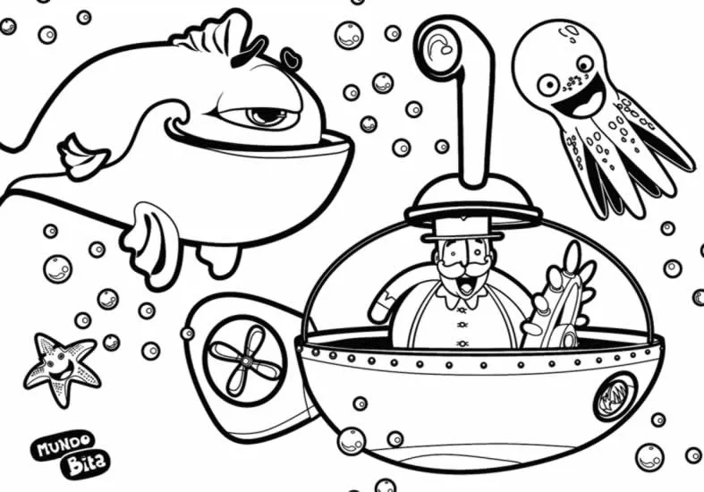 Desenho de contorno do personagem Bita dentro de um submarino com periscópio, ao lado de uma baleia grande, um polvo alegre e uma estrela-do-mar com bolhas.