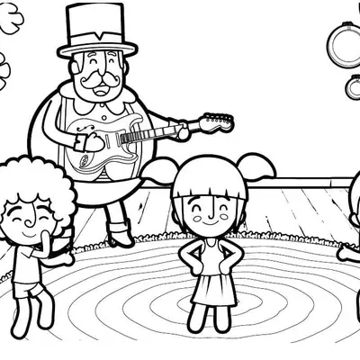 Desenho de contorno do personagem Bita tocando uma guitarra elétrica, acompanhado pelas crianças Lila, Dan e Tito dançando em uma sala com tapete e flores.