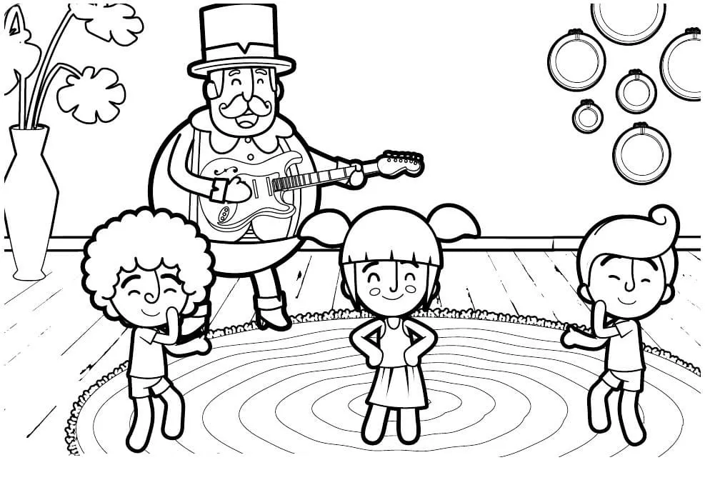 Desenho de contorno do personagem Bita tocando uma guitarra elétrica, acompanhado pelas crianças Lila, Dan e Tito dançando em uma sala com tapete e flores.