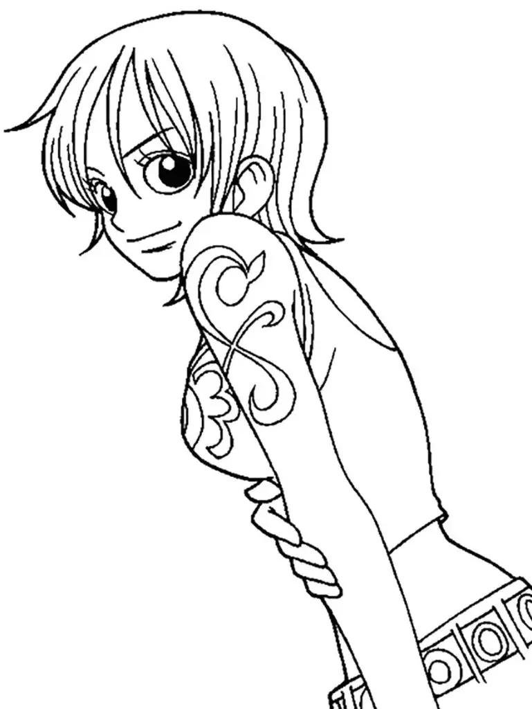 Desenho de contorno em preto e branco da personagem Nami de One Piece, vista de perfil, destacando a tatuagem no ombro esquerdo.