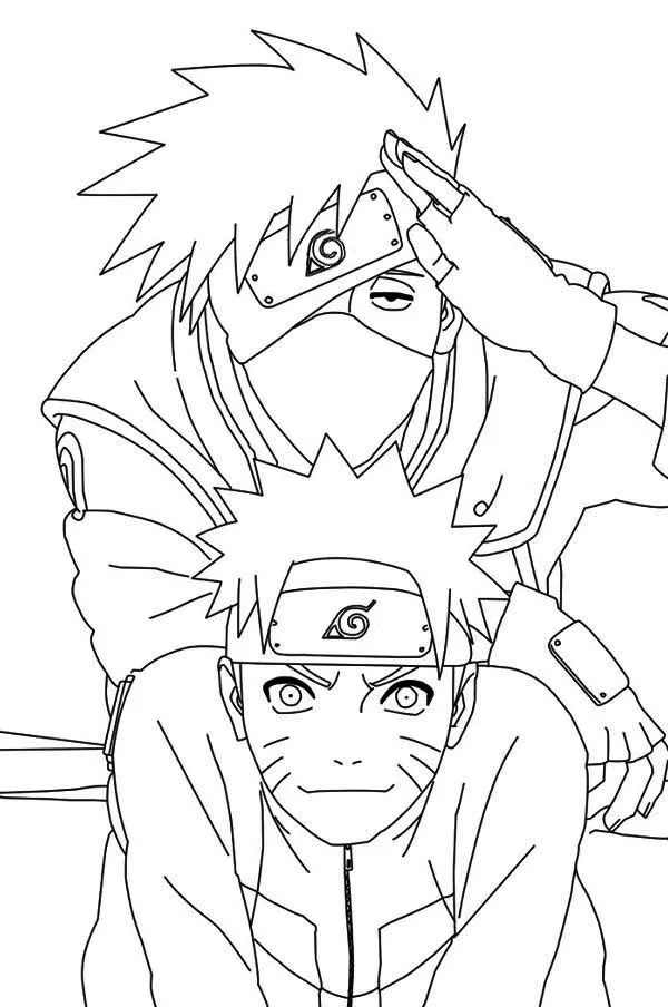 Desenho de contorno em preto e branco do Kakashi Hatake com a mão na testa e Naruto Uzumaki sorrindo à frente, ambos usando bandanas ninja.