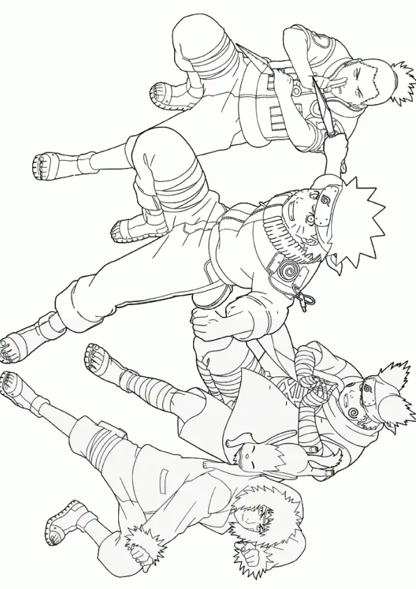Desenho de contorno em preto e branco reunindo Naruto, Shikamaru fazendo um selo, Choji com Akamaru e Kiba em posição de ataque.