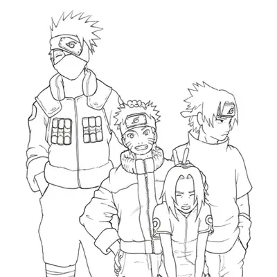 Desenho de contorno em preto e branco da equipe ninja Time 7, mostrando Kakashi ao fundo, Naruto sorrindo no centro, Sasuke sério à direita e Sakura à frente.