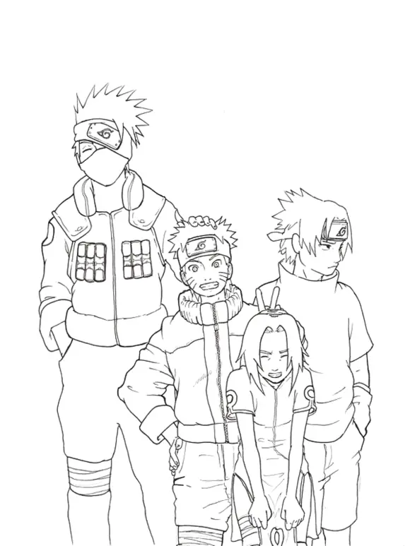 Desenho de contorno em preto e branco da equipe ninja Time 7, mostrando Kakashi ao fundo, Naruto sorrindo no centro, Sasuke sério à direita e Sakura à frente.