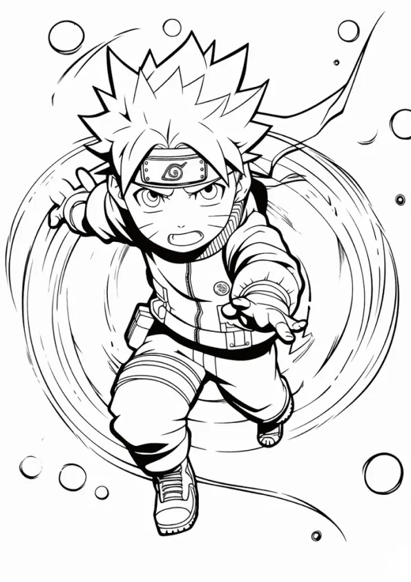 Desenho de contorno em preto e branco do Naruto Uzumaki correndo em direção ao espectador com o Rasengan na mão e efeitos de redemoinho ao redor.