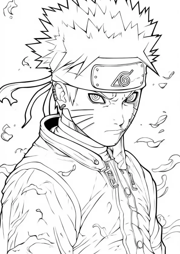 Desenho de contorno em preto e branco do Naruto Uzumaki com expressão séria, usando sua jaqueta característica e bandana ninja com o símbolo de Konoha.
