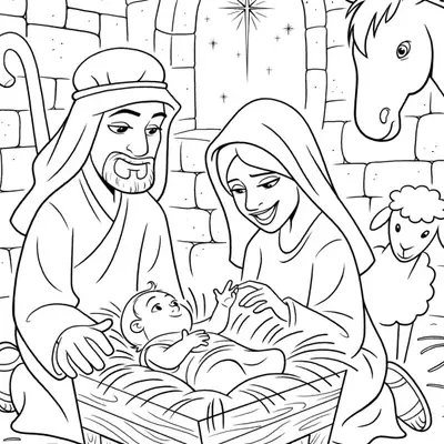 Desenho de contorno detalhado do Menino Jesus na manjedoura, com Maria e José ajoelhados ao lado, um burrinho e uma ovelha em uma estrebaria de pedra.