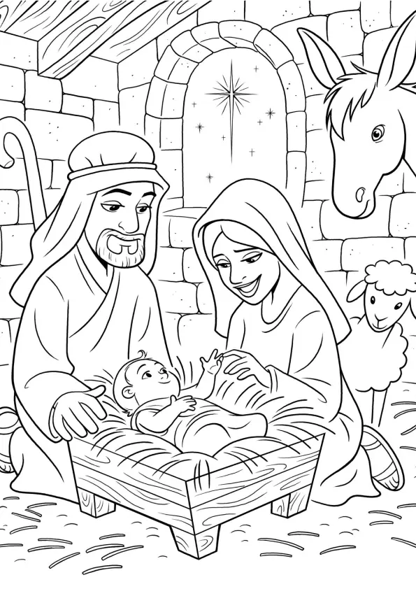 Desenho de contorno detalhado do Menino Jesus na manjedoura, com Maria e José ajoelhados ao lado, um burrinho e uma ovelha em uma estrebaria de pedra.