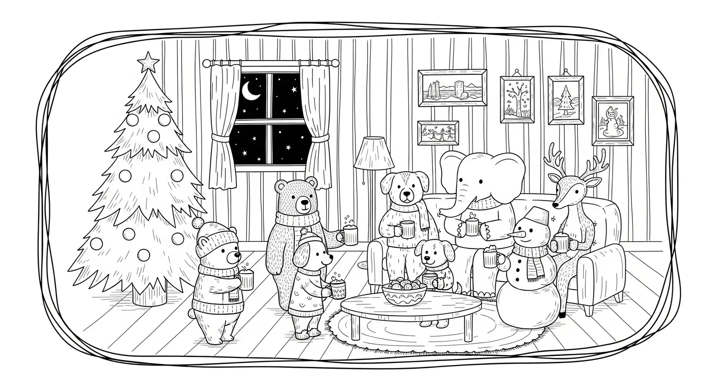 Desenho de contorno de uma sala decorada para o Natal com árvore, janela para a noite estrelada e vários animais: elefante, ursos, cachorrinhos, rena e um boneco de neve.
