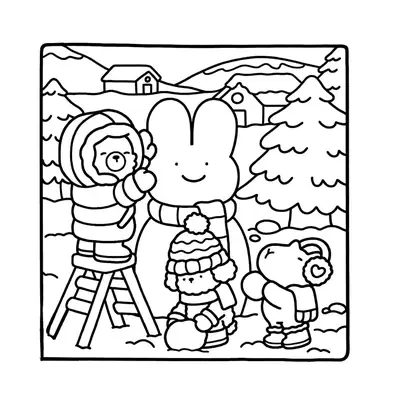 Desenho de contorno de um urso em cima de uma escada colocando um gorro em um boneco de neve, com um cachorro e um hipopótamo ajudando na neve.
