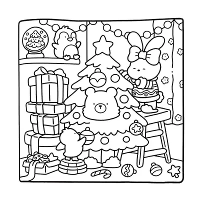 Desenho de contorno de um coelhinho em cima de um banco decorando uma árvore de Natal que tem um rosto de urso, cercado por presentes e um pinguim.