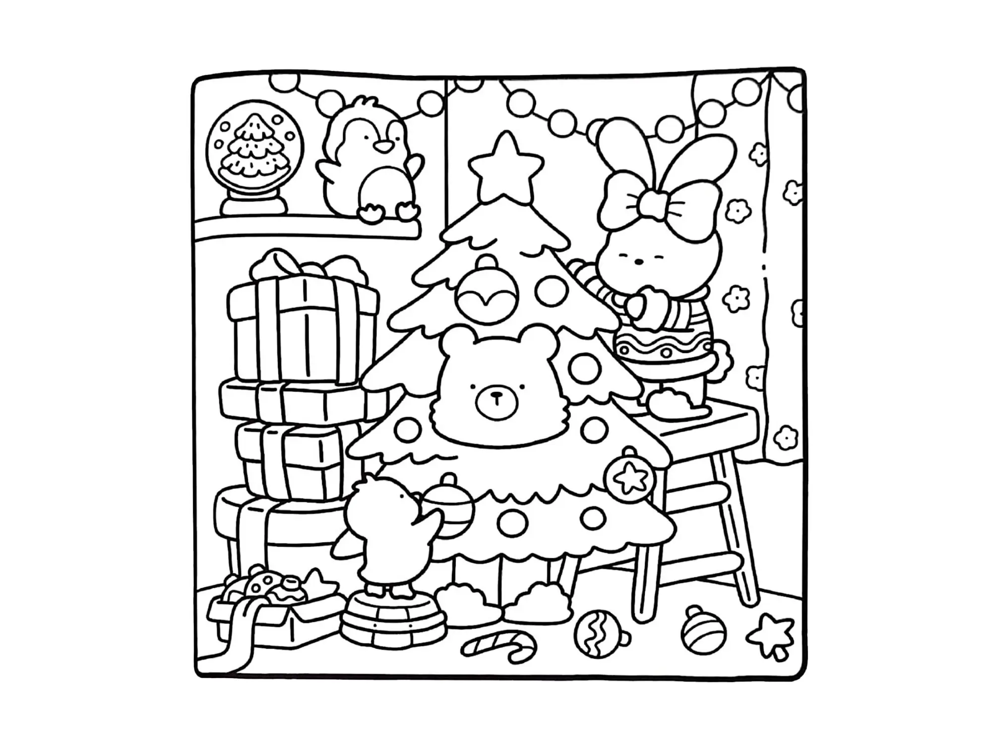 Desenho de contorno de um coelhinho em cima de um banco decorando uma árvore de Natal que tem um rosto de urso, cercado por presentes e um pinguim.