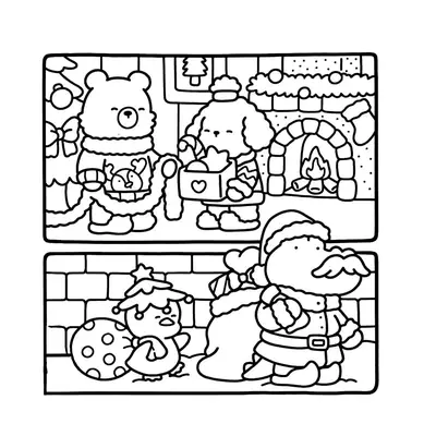 Desenho de contorno em preto e branco dividido em dois quadros: em cima, um urso e um poodle decoram perto da lareira; embaixo, o Papai Noel e um passarinho carregam sacos de presentes.