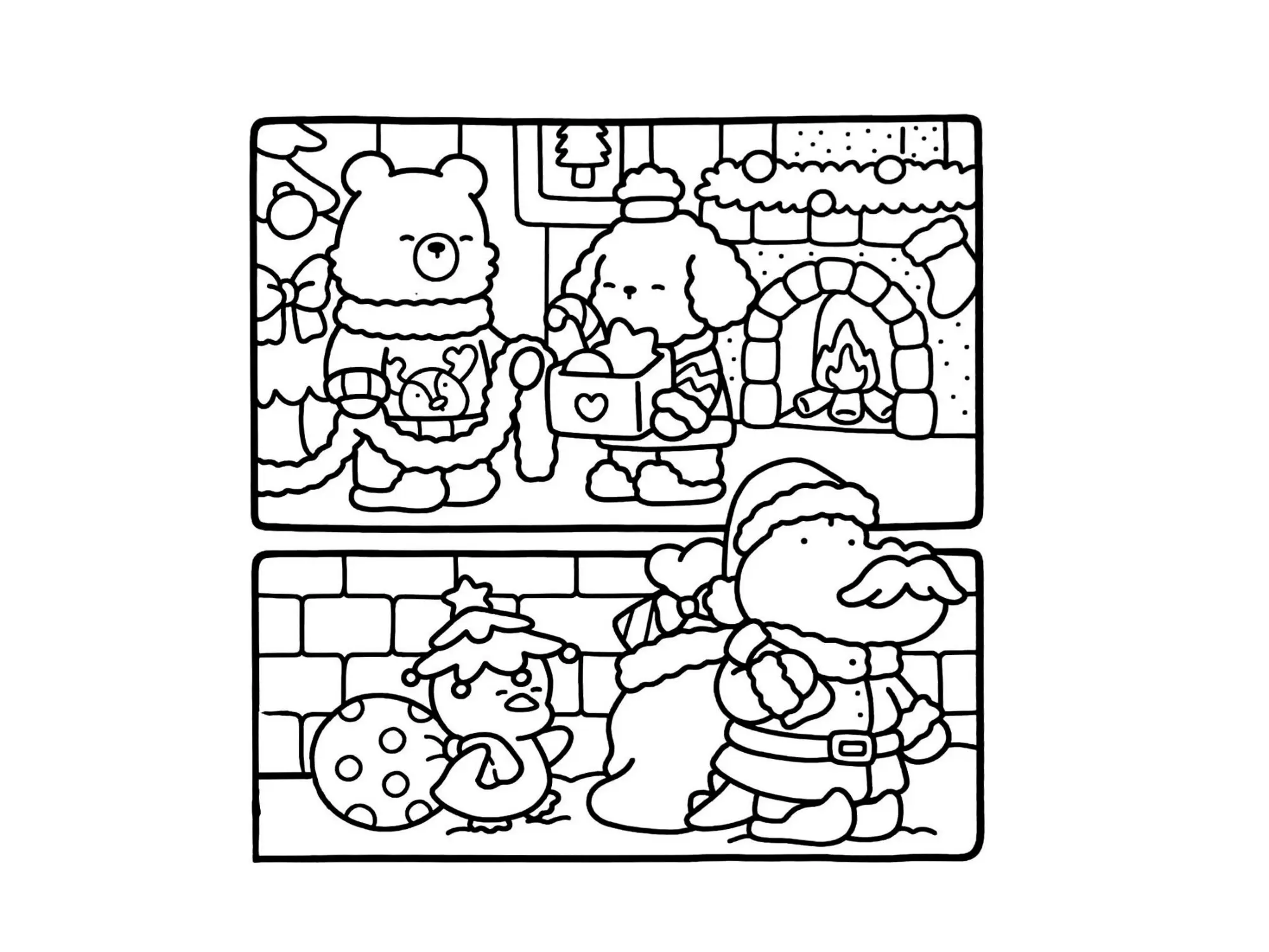 Desenho de contorno em preto e branco dividido em dois quadros: em cima, um urso e um poodle decoram perto da lareira; embaixo, o Papai Noel e um passarinho carregam sacos de presentes.