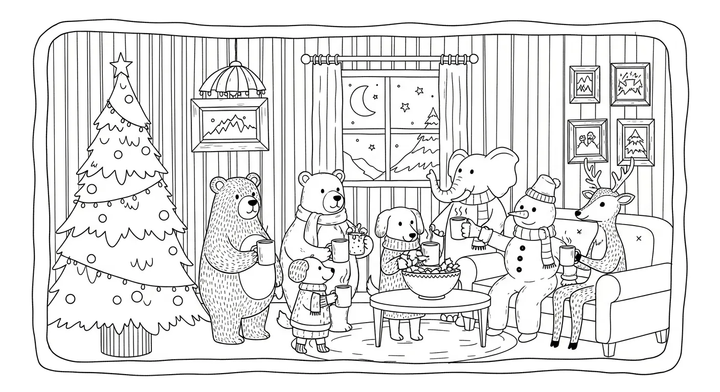 Desenho de contorno horizontal de uma sala com árvore de Natal e vários personagens: dois ursos, um elefante, um boneco de neve, uma rena e cachorrinhos tomando chocolate quente.
