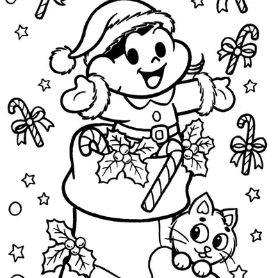 Desenho de contorno da personagem Magali usando gorro de Natal, saindo de dentro de uma bota gigante com bengalas doces e o gatinho Mingau na ponta.