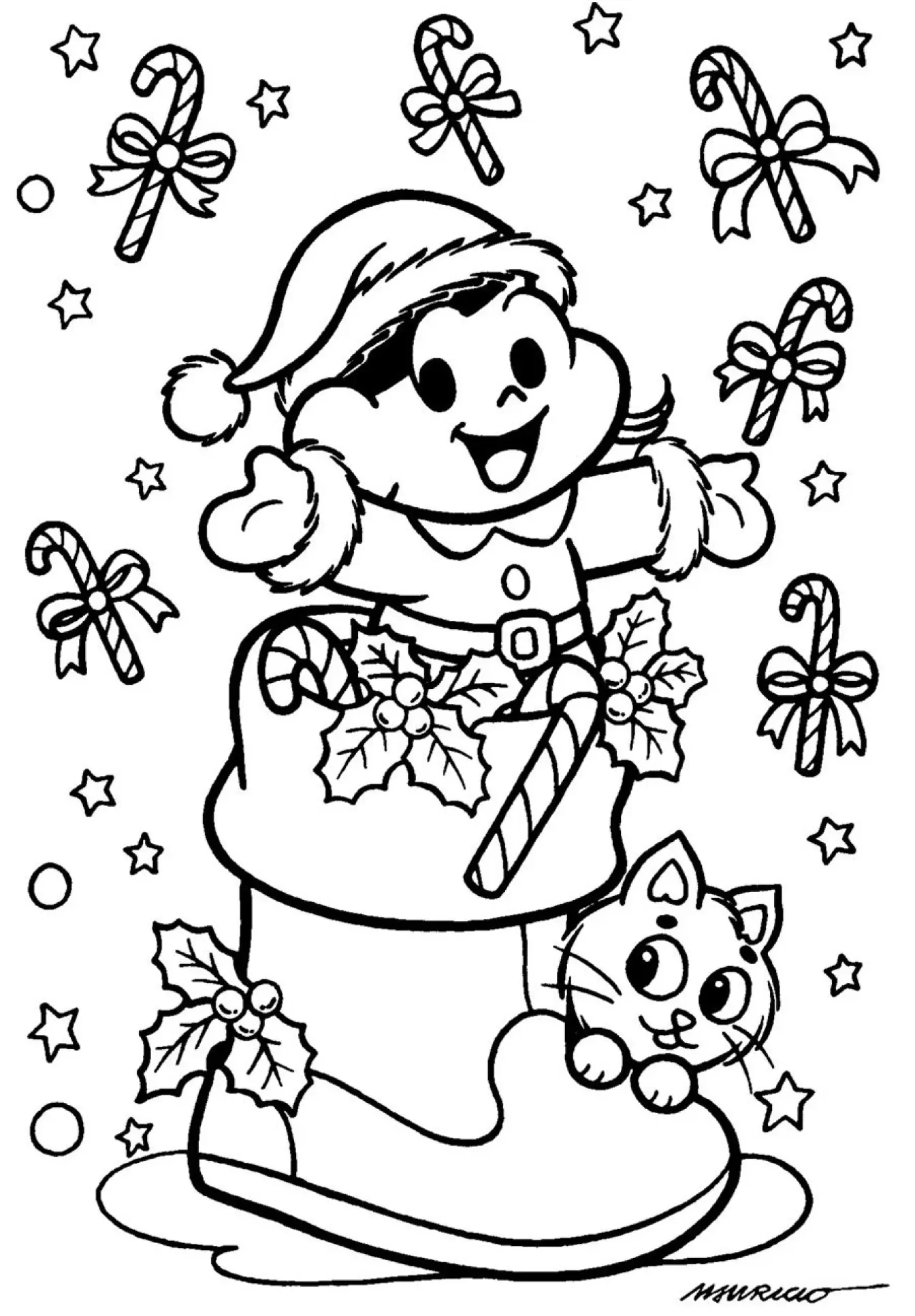 Desenho de contorno da personagem Magali usando gorro de Natal, saindo de dentro de uma bota gigante com bengalas doces e o gatinho Mingau na ponta.