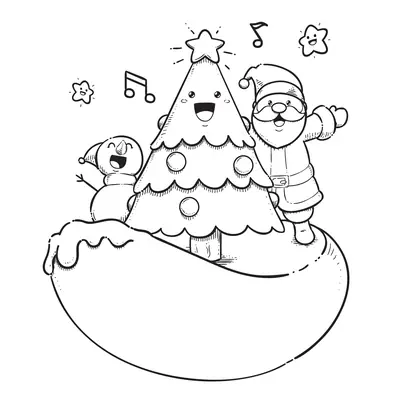 Desenho de contorno com estilo kawaii do Papai Noel, um boneco de neve e uma árvore de Natal com rosto, todos cantando com notas musicais e estrelas ao redor.