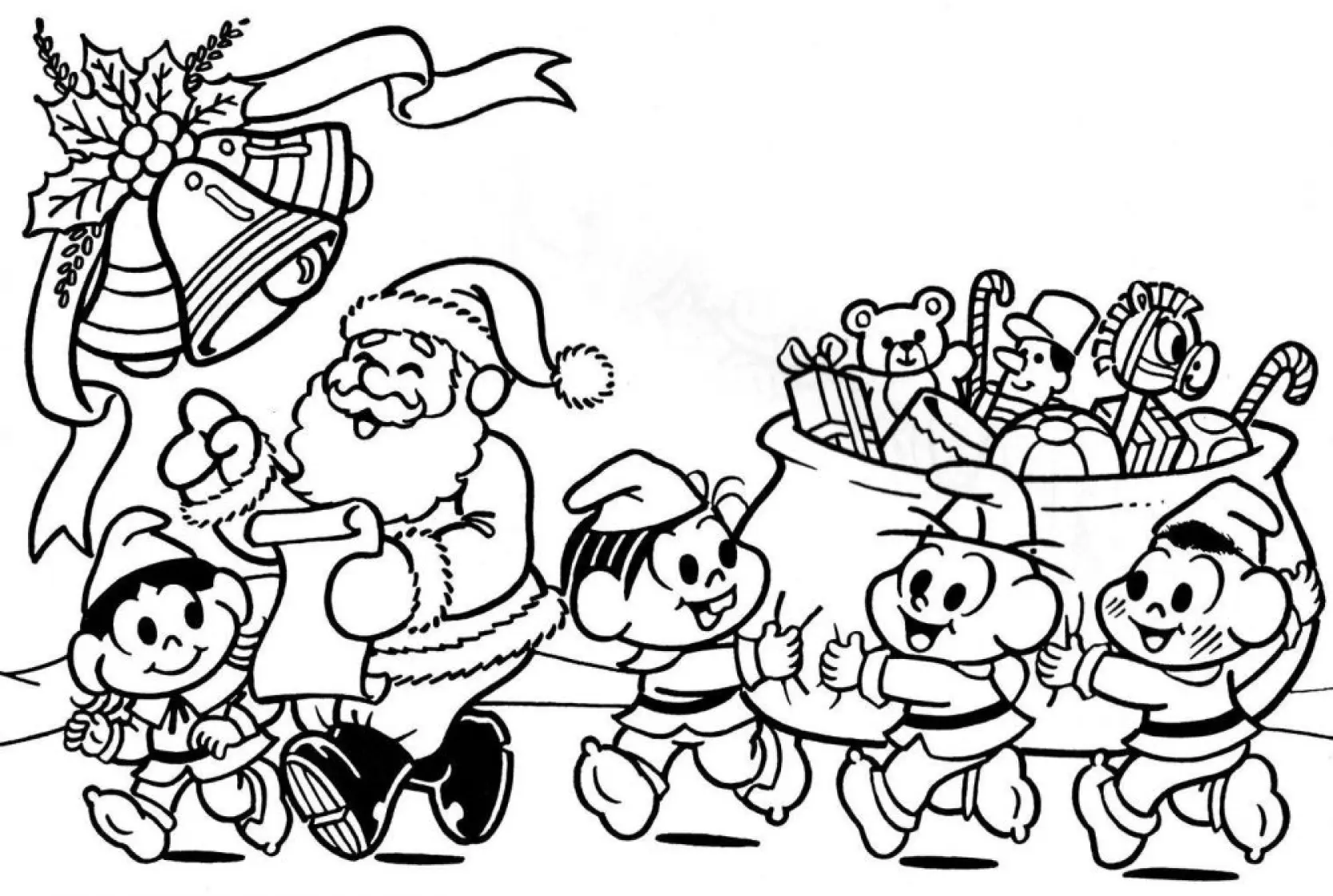 Desenho de contorno do Papai Noel lendo uma lista, seguido pela Mônica, Cebolinha, Cascão e Magali vestidos de duendes carregando um saco cheio de brinquedos.