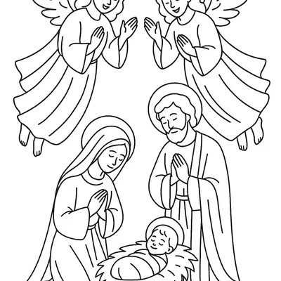 Desenho da Natividade: Maria, José, Jesus Bebê e Dois Anjos no Presépio