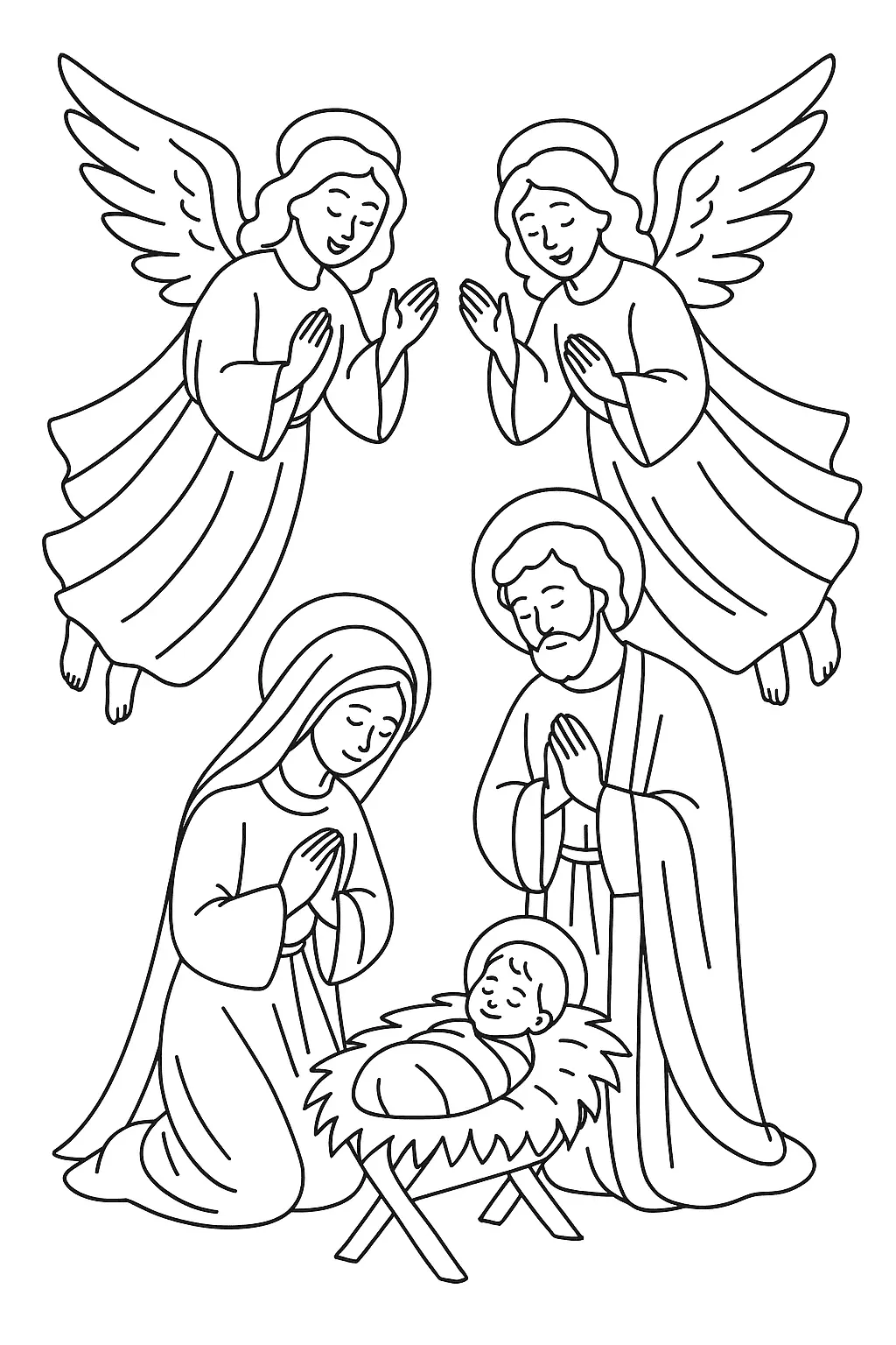 Desenho de contorno da cena de Natividade. Maria e José estão ajoelhados, orando ao lado do Menino Jesus deitado na manjedoura. Acima deles, dois anjos com asas e auréolas flutuam, também em pose de oração ou adoração.