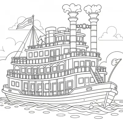 Desenho de contorno de um navio a vapor clássico com três conveses, escadarias, duas chaminés altas com fumaça e bandeiras.