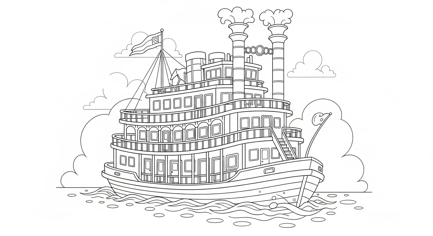 Desenho de contorno de um navio a vapor clássico com três conveses, escadarias, duas chaminés altas com fumaça e bandeiras.