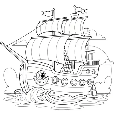 Desenho de contorno de um navio estilo caravela com um grande olho e sorriso na proa, velas triangulares e ondas grandes ao redor.