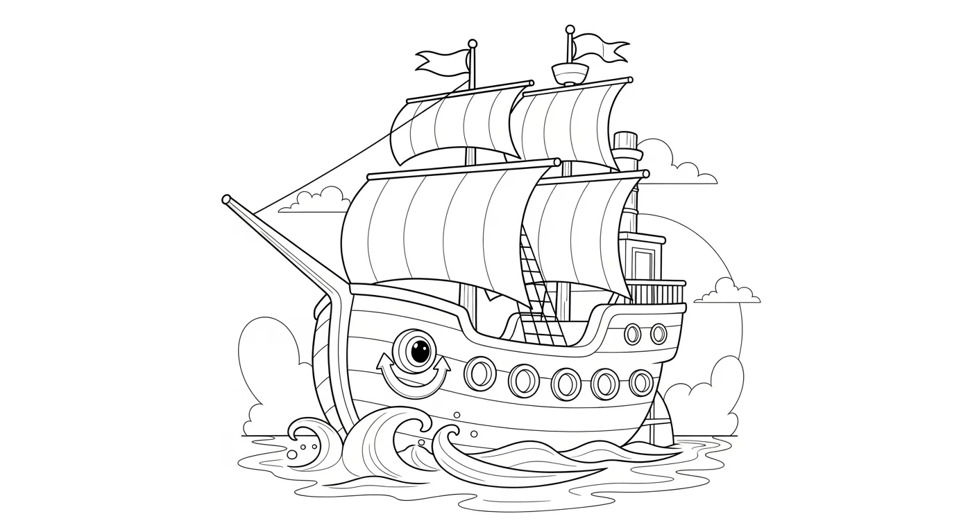 Desenho de contorno de um navio estilo caravela com um grande olho e sorriso na proa, velas triangulares e ondas grandes ao redor.