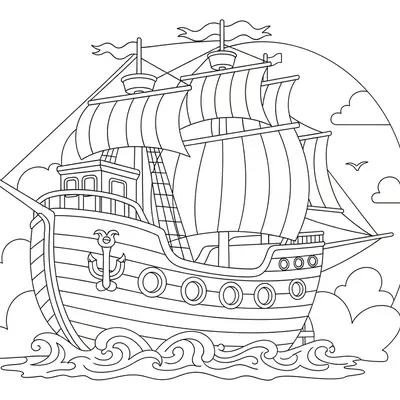 Desenho de contorno de um navio antigo estilo caravela com velas enfunadas, mastros com bandeiras, uma âncora na proa e cenário de mar e nuvens.