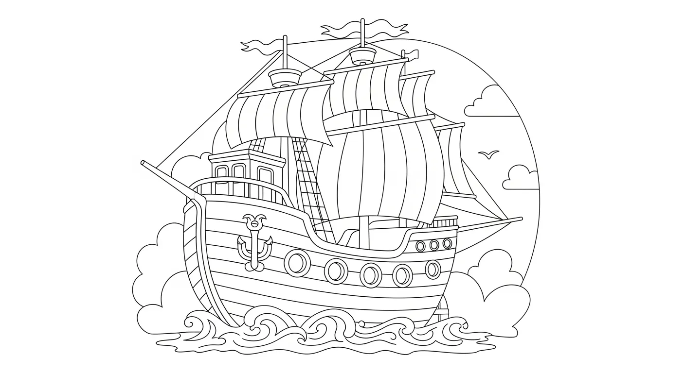 Desenho de contorno de um navio antigo estilo caravela com velas enfunadas, mastros com bandeiras, uma âncora na proa e cenário de mar e nuvens.